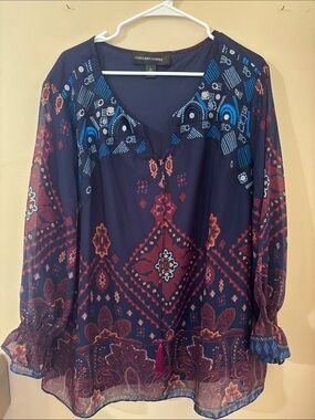 Colleen Lopez Navy Paisley V-Neck Tassel Blouse with Red Accents